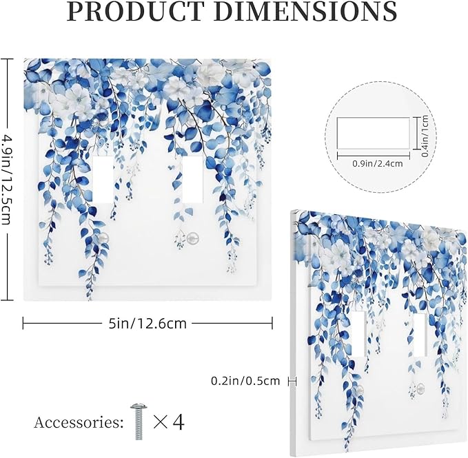 Blue Eucalyptus Leaves Floral Vine Flower Decorative Switch Plates 2 Gang Double Toggle Outlet Light Switch Cover Wall Plate Electrical Faceplate for Bedroom Living Room Decor