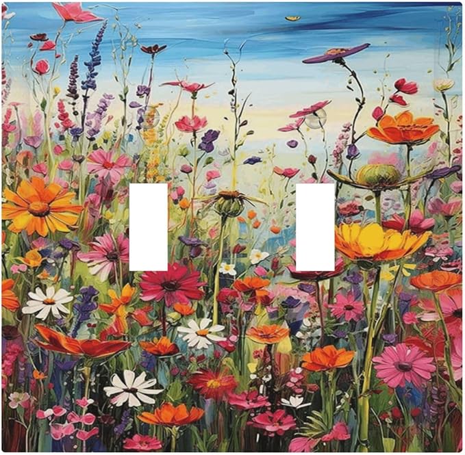 Colorful Wildflowers Painting Floral Flower Decorative Switch Plates 2 Gang Double Toggle Outlet Light Switch Cover Wall Plate Electrical Faceplate for Bedroom Living Room Decor