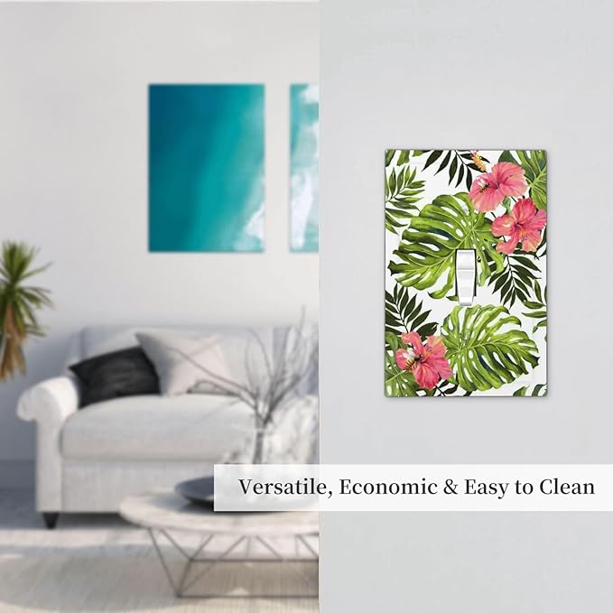 Tropical Plant Green Palm Single Toggle Wall Plate Covers 1 Gang Light Switch Cover Banana Leaves Pink Flower Rainfores Jungle Botanical Faceplate Decorative Electrical for Bathroom Kitchen Home Decor