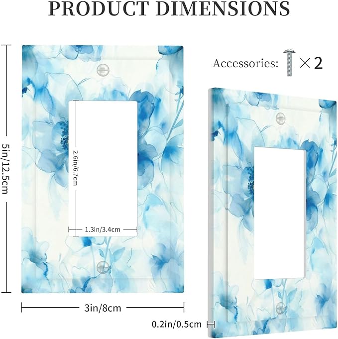 Watercolor Flower Blue White Large Floral Leaf Plants Decorative Outlet Covers 1 Gang Single Rocker Light Switch Cover Plate Wall Plates GFCI Faceplate for Bedroom Living Room Decor