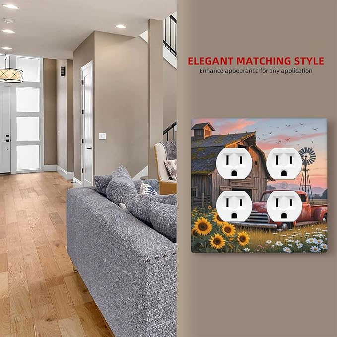 Rustic Barn Red Truck Windmill Sunflower Outlet Covers 2 Gang Double Duplex Decorative Light Switch Covers Electrical Wallplates Socket Faceplate for Farmhouse Home Decor