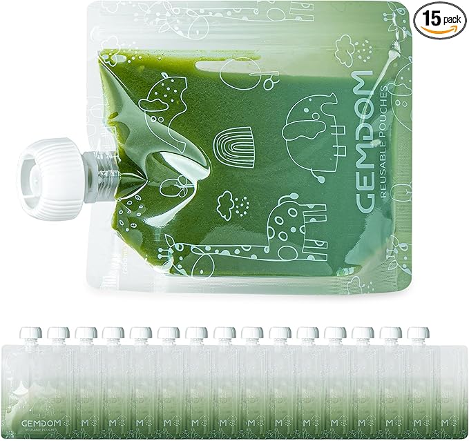 15 Pack Reusable Baby Food Pouches for Toddlers, 7oz/200ml Refillable Squeeze Pouch for Applesauce Yogurt Homemade Organic Puree Juice Snack for Baby Kids Students, BPA Free, Animal Print