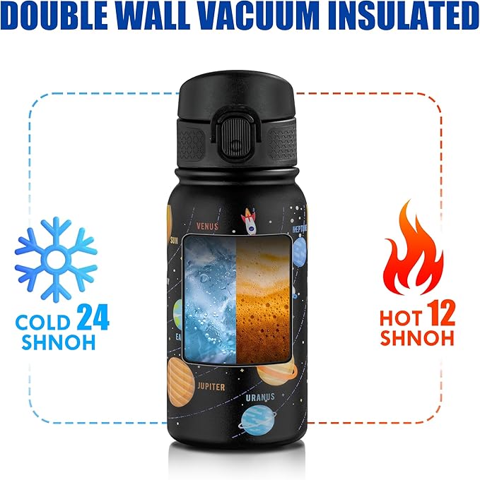 OLDLEY 12oz Kids Water Bottle, Stainless Steel Insulated Water Bottle For Kids, With Straws Leak-proof, Kids Water Bottles For School Boys Girls,Solar System