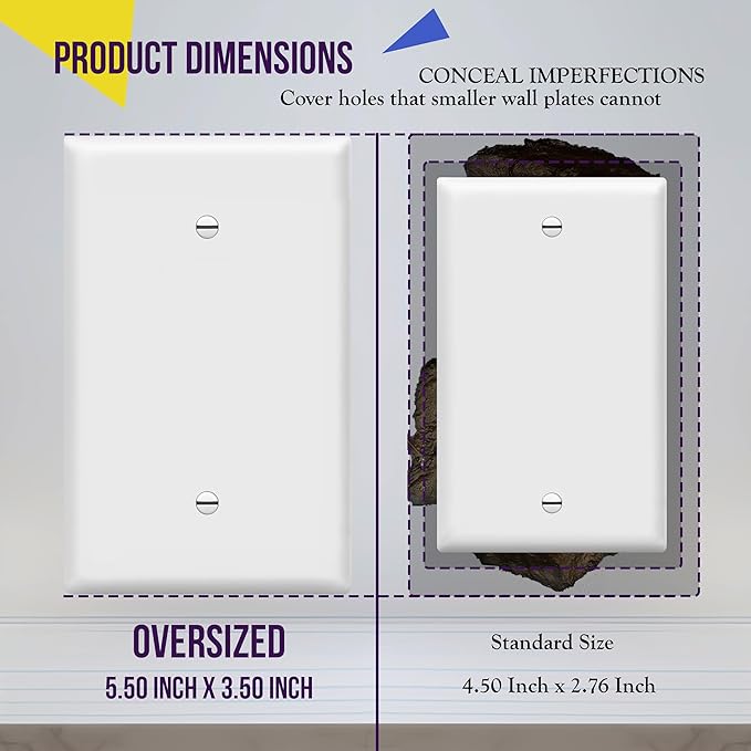 ENERLITES Oversized Blank Wall Plate, Jumbo Blank Outlet Covers, Over-Size 1-Gang 5.51" x 3.50", Unbreakable Polycarbonate Thermoplastic, UL Listed, 8801O-W-5PCS, Gloss Finish, White (5 Pack)