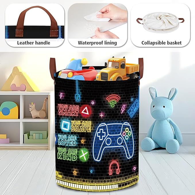 Gaming Laundry Basket,Gamer Decor for Boys Bedroom,Collapsible Neon Color Gamer Nursery Hamper,Waterproof Clothes Towel Toy Book Storage Bin for Dorm Nursery Bathroom(Round)
