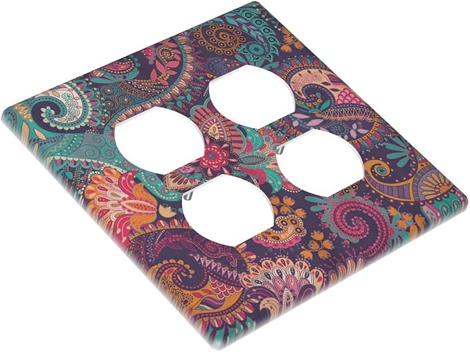 Mandala Boho Paisley Purple Floral Colorful Flower Outlet Covers 2 Gang Double Duplex Decorative Light Switch Covers Electrical Wallplates Socket Faceplate for Home Bedroom Decor