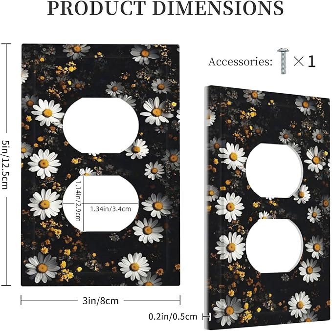 White Black Daisy Wildflower Modern Chrysanthemum Outlet Covers 1 Gang Duplex Light Switch Cover Decorative Switch Plates Electrical Receptacle Faceplate Wall Plate for Bedroom Farmhouse Decor