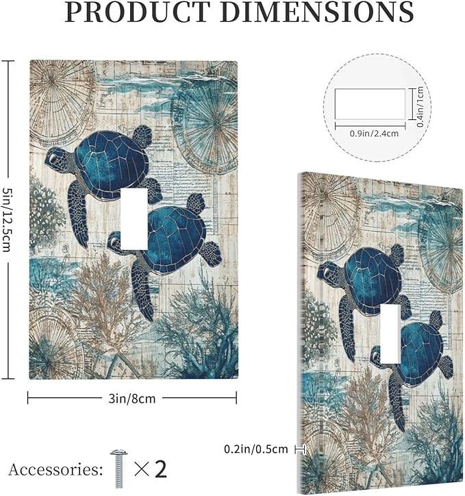 Blue Green Sea Turtle Tropical Ocean Coral Nautical Map Decorative Light Switch Cover 1 Gang Single Toggle Device Electrical Faceplate Switchplates Decorator Outlet Wall Plate For Bed Room Bathroom