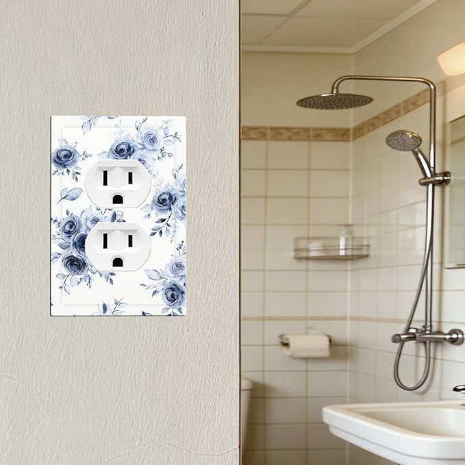 Watercolor Blue Roses Duplex Wall Plate - 1-Gang Standard US Size Serene Floral Outlet Covers, French Country Vintage Bouquet for Farmhouse Homes