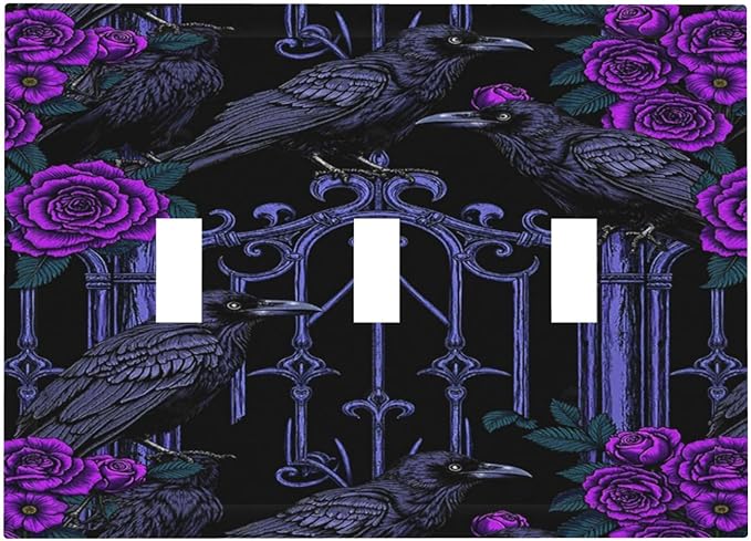 Decorative Switch Plates Gothic Style Crow Purple Flowers 3 Gang Wall Plate Faceplate Triple Toggle Light Switch Cover Electrical Wall Panels for Bedroom living Room Decor