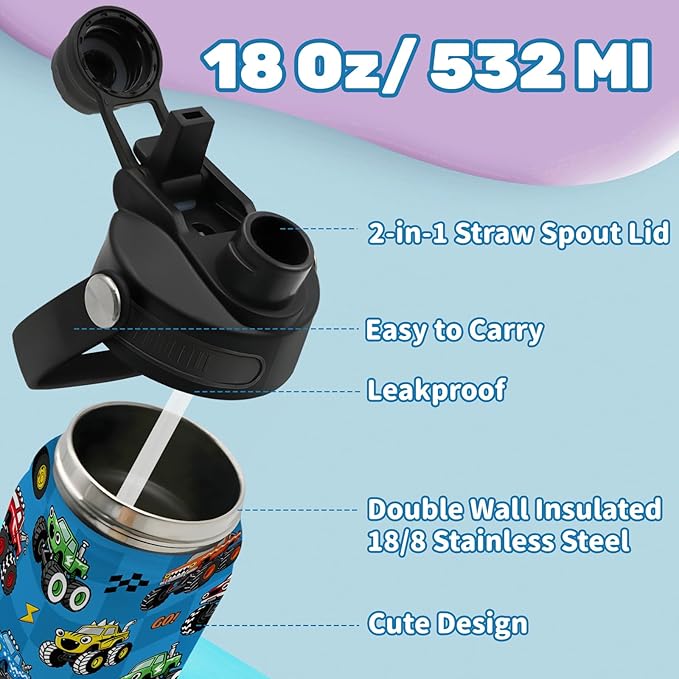 Insulated Water Bottle 18oz, Trucks Gifts Water Bottle with 2-in-1 Straw and Spout Lid, Blue Trucks Drinking Cup Leakproof, Truck Travel Mug for Truck Lover, Birthday Gift Ideal for Boys