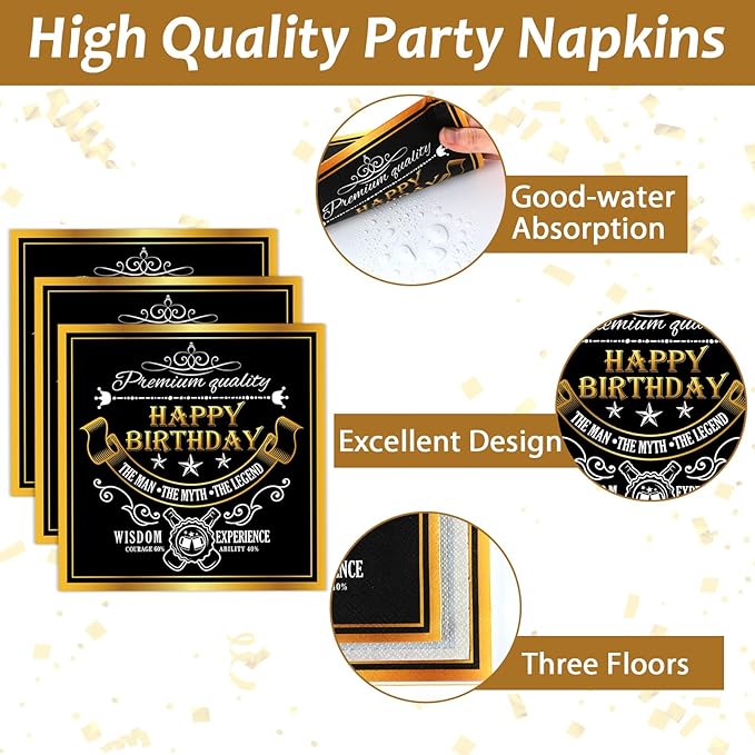 96 Pcs Aged to Perfection Party Plates Napkins Tableware Set Vintage Theme Birthday Supplies Disposable Dinnerware Black Gold Happy Birthday Party Decoration Favors for Men, 24 Guests