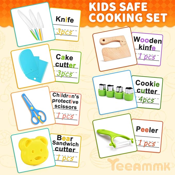 17PCS Montessori Toys Real Cooking Set for Kids Ages 3-6 - Kitchen Toys for Toddlers with Safe Knives, Cutting Board & Utensils - Learning Educational Pretend Play