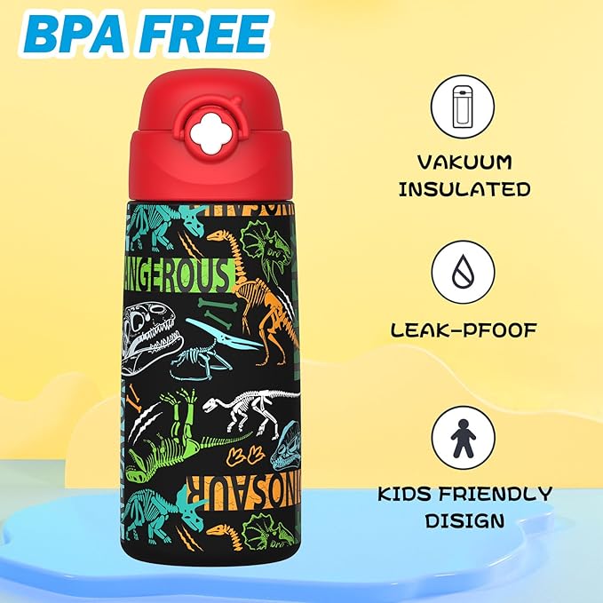 Boys Insulated Water Bottle with Covered Pop-Up Straw,16 oz Kids Cups with Stainless Steel Leak Proof for School（Red-Dinosaur）