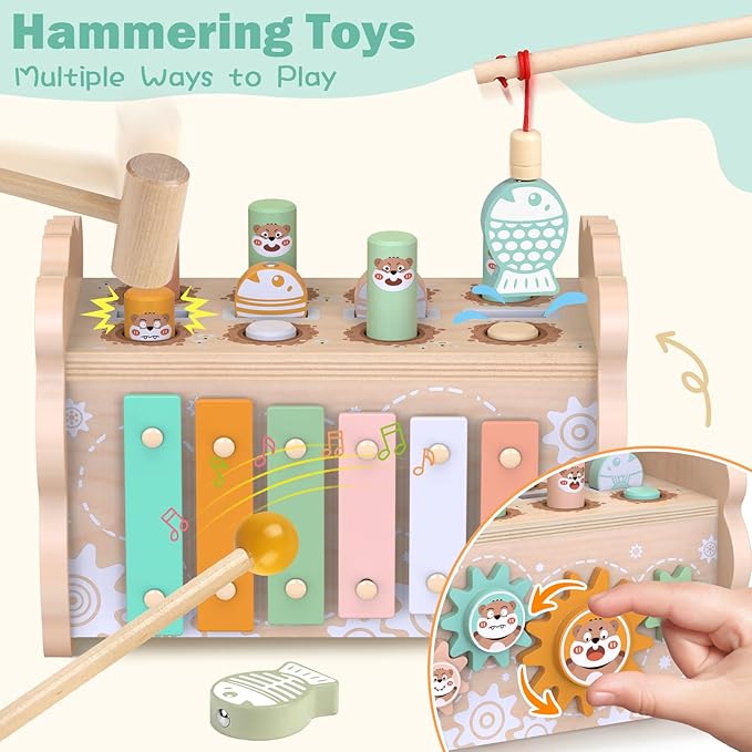 Weilim Montessori Toys for 1 Year Old, Wooden Car Ramp & Hammering Pounding Xylophone Toy for Toddlers 1-3, Shape Sorter Stacking Blocks, Educational Fine Motor Activity Toys Gift for Baby Boy Girl