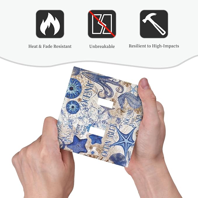 Decorative Switch Plates Vintage Sea Blue Seahorse Starfish Octopus 2 Gang Double Toggle Outlet Light Switch Cover Wall Plate Electrical Faceplate For Kids Room Home Decor