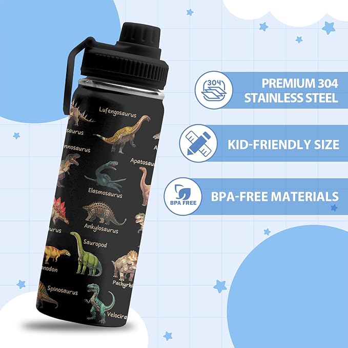 Dinosaur Gifts for Boys, 18 oz Stainless Steel Water Bottles with 2 Lids, Insulated Water Bottle with Straw, Dinosaur Cups for Travel Sports Outdoor, Birthday Christmas Gifts for Boys Dino Lovers