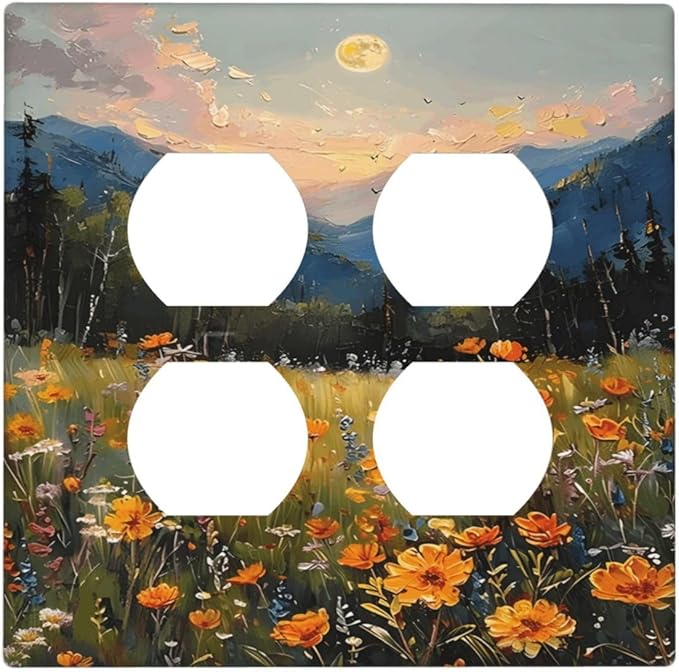 Sunset Wild Flower Field Floral Nature Landscape Outlet Covers 2 Gang Double Duplex Decorative Light Switch Covers Electrical Wallplates Socket Faceplate for Farmhouse Bedroom Decor