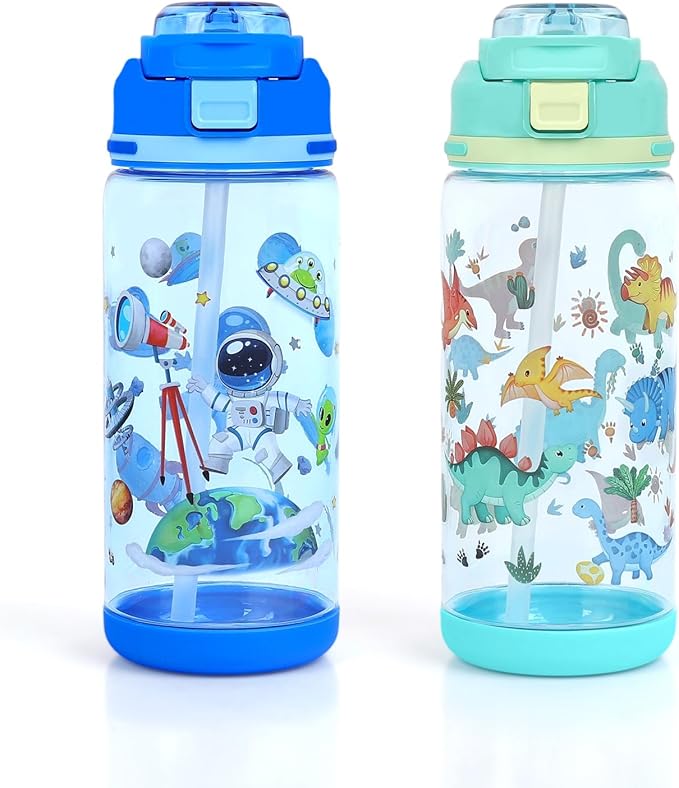 decalsweet Kids Water Bottle 20oz Durable Leak-Proof Plastic Water Cup for Kids Toddlers,With Straw Handle and Pop-Up Spout Cover,Safe for School Sports Daycare Travel & Camp Pack of 2