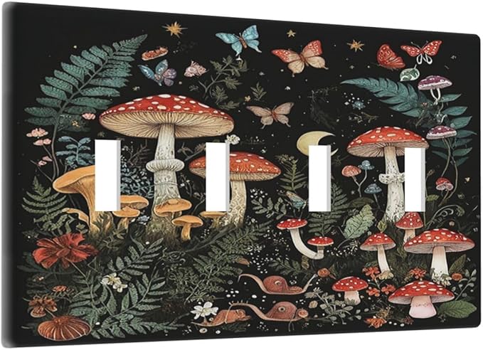 Cartoon Floral Mushroom forest Butterfly Flowers Light Switch Covers Quad Toggle 4 Gang Wall Plate Decorative Switch Plates Electrical Faceplate for Bedroom Kids Room Decor