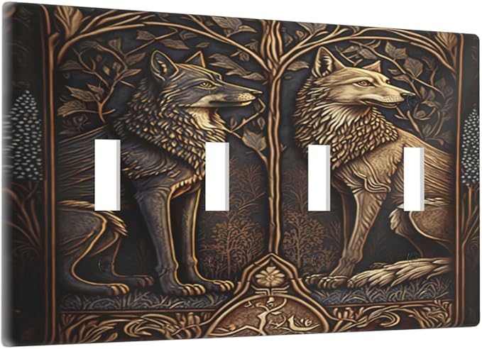 Medieval Wolves Animal Vintage Print Light Switch Covers Quad Toggle Electrical Faceplate 4 Gang Wall Plate Decorative Switch Plates for Farmhouse Home Decor