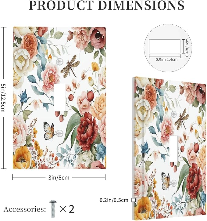 Rustic Style Colorful Peony Butterfly Dragonfly Decorative Light Switch Cover 1 Gang Single Toggle Device Electrical Faceplate Switchplates Decorator Outlet Wall Plate for Bedroom Living Room Decor