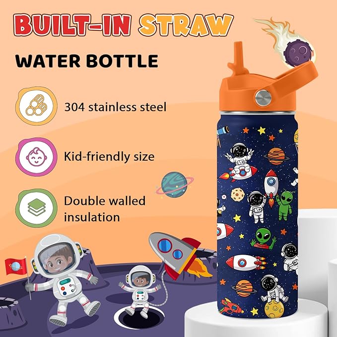 Space Astronomy Gifts for Kids - 18 Oz Kids Water Bottle with Straw Lid, Stainless Steel Insulated Tumbler, Leak Proof, BPA-Free, for Boys, School, Travel - Universe Children Birthday Gifts Cups(1pc)