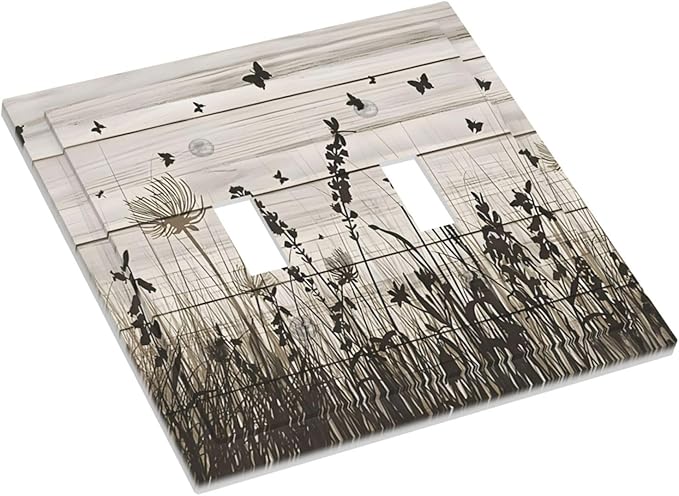 Wildflower Butterfly Grass Dandelion Vintage Wooden Print Decorative Switch Plates 2 Gang Double Toggle Outlet Light Switch Cover Wall Plate Electrical Faceplate for Farmhouse Home Decor