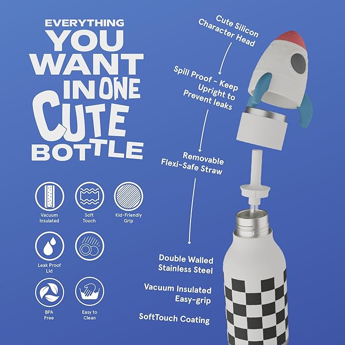 asobu Bestie Bottle Insulated Stainless Steel Water Bottle with Detachable Soft Animal Head Fun Drinking For Kids and Teens with Flexible Reusable Straw 16 Ounce (Rocket Checker Bottle)