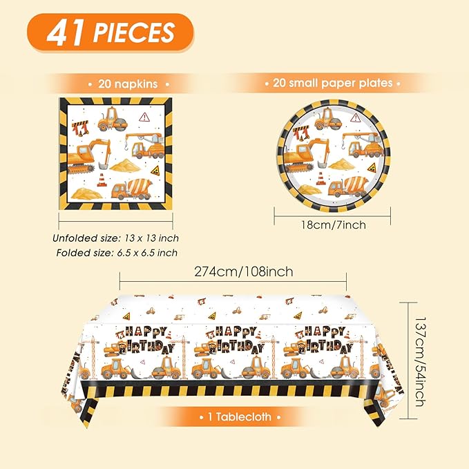 Construction Birthday Party Supplies Construction Excavator Tractor Dump Digger Theme Tableware Include Paper Plates Napkins Tablecloth, for Toddler, Kids, Boys Birthday Party Decorations, Serves 20