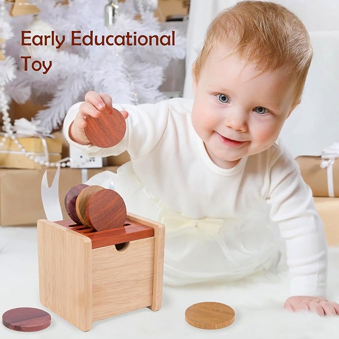 Adena Montessori Coin Box -Natural Wood Object Permanence Box Toy for 1-Year-Old Babies, Wooden Montessori Developmental Toy for 6-12 Month Infants, Early Learning Gift for Kids
