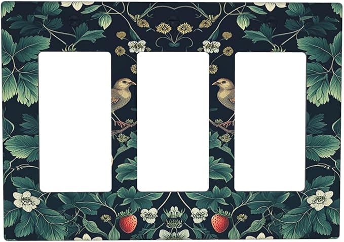 Light Switch Covers Strawberry Birds Flowers Plant Morris Floral 3 Gang Rocker Electrical GFCI Decorative Triple Outlet Wall Plate Cover Switchplate for Bedroom Farmhouse Decor