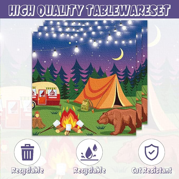 40pcs Camping Party Supplies Campfire Hiking Camper Theme Birthday Paper Plates and Napkins Set for Boys Kids Campfire Barbecue Birthday Party