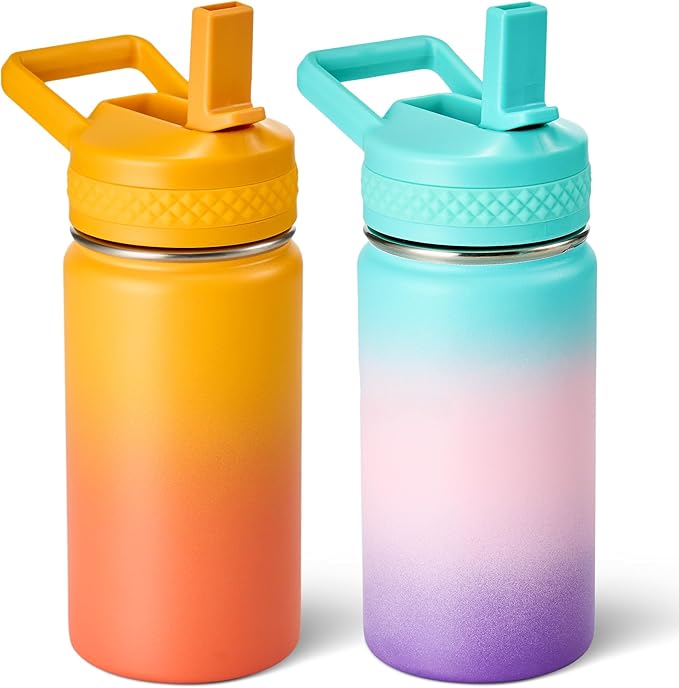 Fijinhom 12 oz Toddler Bottle, 2 Pack Kids Water Bottle for School Boys & Girls with Straws Lids, 304 Stainless Steel Vacuum Insulated Thermos, BPA-Free, Aurora + Sunrise