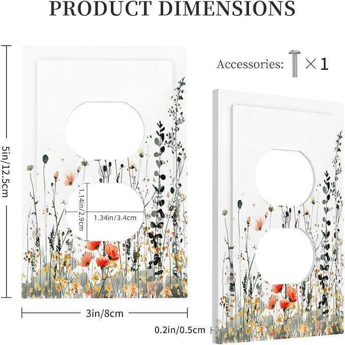 Vintage Country Style Watercolor Leaves Wildflowers Floral Outlet Covers 1 Gang Duplex Light Switch Cover Decorative Switch Plates Electrical Receptacle Faceplate Wall Plate for Bedroom Living Room