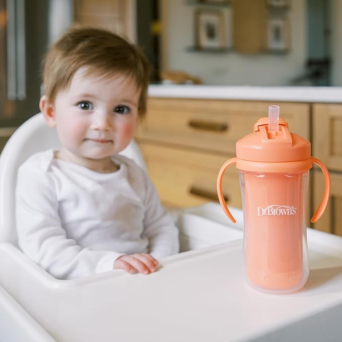 Dr. Brown's Milestones Insulated Sippy Cup with Straw and Handles, Spill-Proof Tumbler with Lid, 4-Pack, Pink/Orange/Green/Purple, 10 oz/300 mL, BPA Free, 12m+