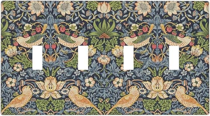 Light Switch Covers Morris Strawberry Thrush Birds Colorful Plants Quad Toggle Electrical Faceplate 4 Gang Wall Plate Decorative Switch Plates For Bed Room Living Room Decor