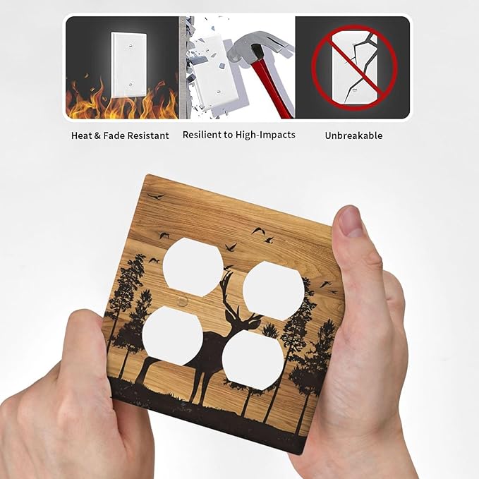 Elk Moose Forest Hunting Pyrography Art Wood Texture Print Outlet Covers 2 Gang Double Duplex Decorative Light Switch Covers Electrical Wallplates Socket Faceplate for Farmhouse Bedroom Decor