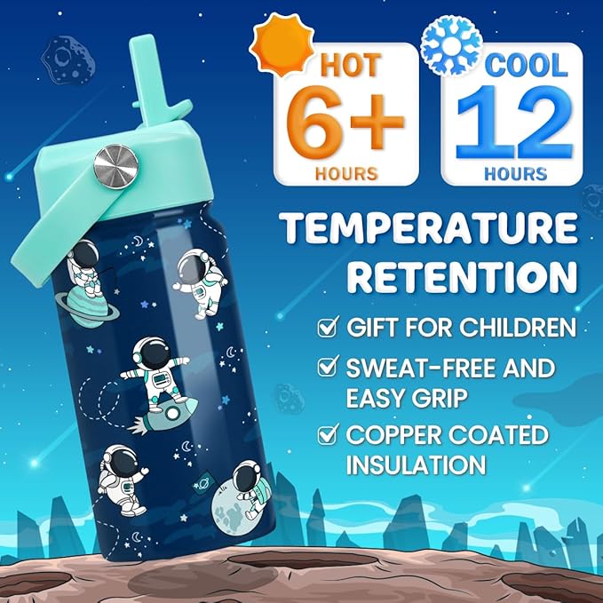 Astronaut Water Bottle - Kids Water Bottle with Straw Lid - 12 Oz Insulated Stainless Steel Water Bottles for Kid Boys - Travel Cup for School Sports