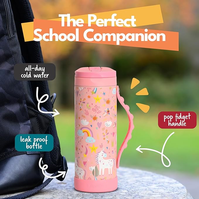 Elemental Iconic Kids Water Bottle for School - 100% Leak-Proof Insulated Water Bottles with Straw Lid & Pop-It Handle for Boys & Girls - Triple-Wall Insulated & BPA-Free, 14oz – Pink Unicorn