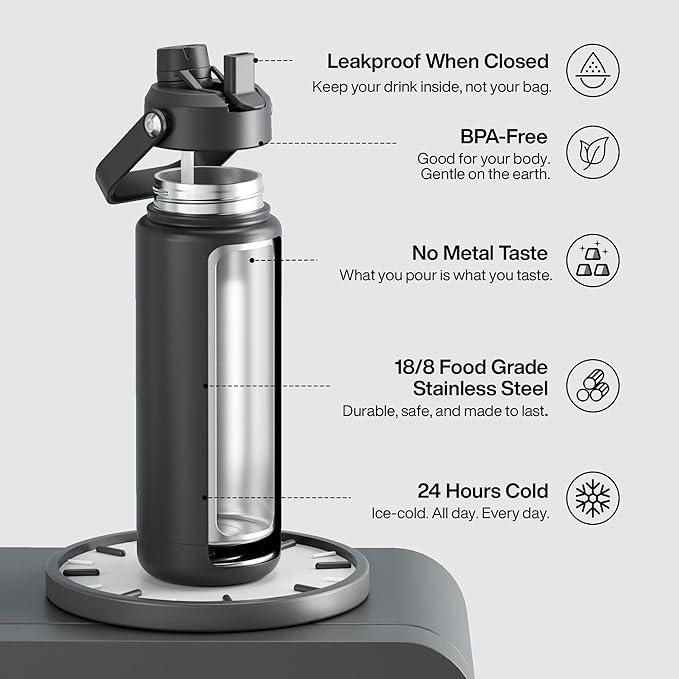 ENCOOL Insulated Water Bottle with Straw Stainless Steel Water Bottle, Leak-Proof, BPA-Free, Double Wall Vacuum Keeps Cold for 24 Hours for Sports, Travel, School (32 oz, Black Night)