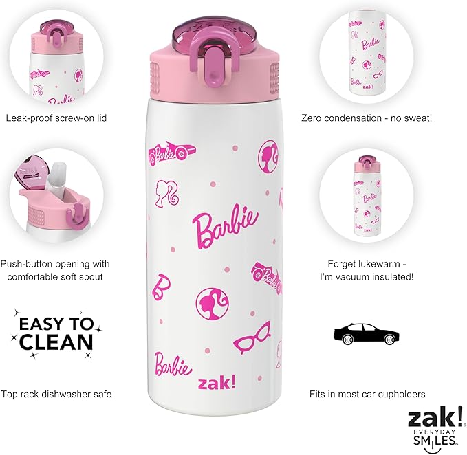Zak Designs Barbie Porter Water Bottle for Travel and At Home, 19 oz Vacuum Insulated Stainless Steel with Locking Spout Cover, Built-In Carrying Loop, Leak-Proof Design (Barbie)