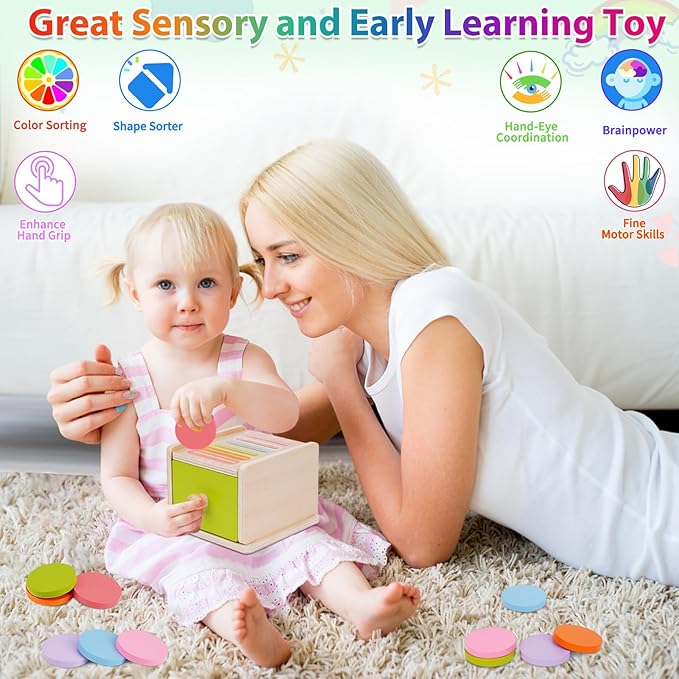 FCSONU Toddlers Montessori Coin Box Toys for 1 2 3 Year Old, Wooden Baby Toys for Toddlers 1-3, Color Sorting & Stacking Sensory Toys for Ages 2-4 Kids, Easter Birthday for Boys Girls