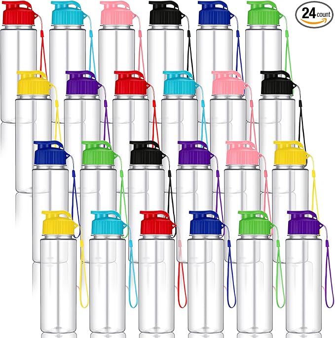 Ziliny 24 Pcs 17 oz Plastic Water Bottles Bulk Large Reusable Leak Proof Flip Top Sports Gym Water Bottles with Handle Strap for Kids and Adults for Summer School Travel