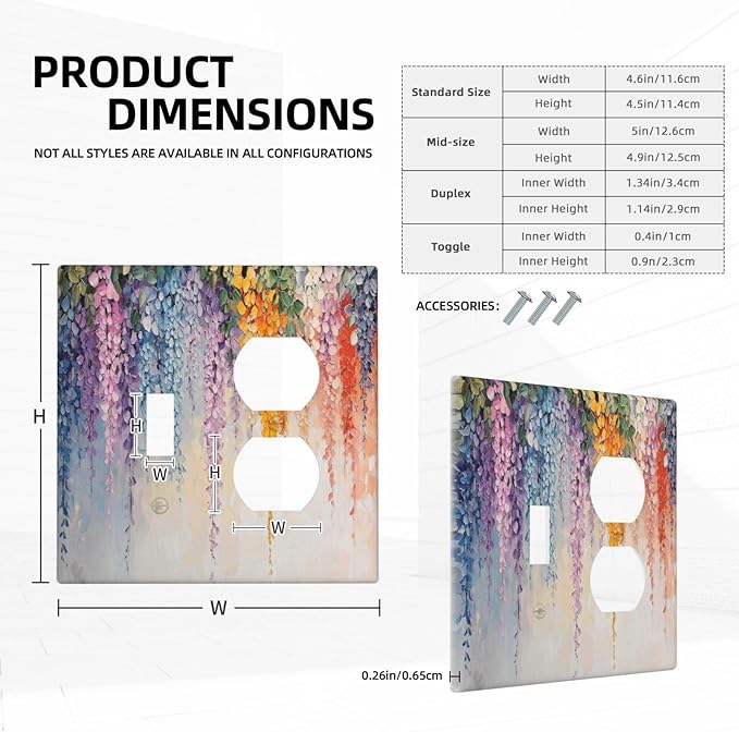 Colorful Wildflower Wisteria Cascade Floral Flower Wallplates 1 Toggle 1 Duplex Switch Plate Electrical GFCI Faceplate Decorative Light Switch Covers for Bedroom Living Room Decor