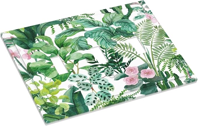 Tropical Palm Leaves Green Jungle Botanical Floral Flowers Decorative Switch Plates 3 Gang Wall Plate Triple Toggle Light Switch Cover Faceplate Electrical Wall Panels for Bedroom Living Room Decor