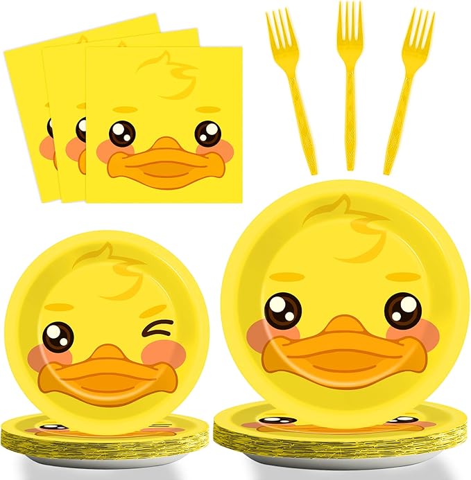 gisgfim 96 Pcs Duck Plates and Napkins Party Supplies Duck Themed Party Tableware Set Duck Birthday Party Decorations Favors for Kids Birthday Baby Shower for 24 Guests