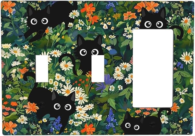 Black Boho Green Leaves Floral 3-Gang 2-Toggle 1-GFCI/Decorator Combination Light Switch Decorative Triple Combo Device Switches/Rocker Outlet Covers and Wall Plate