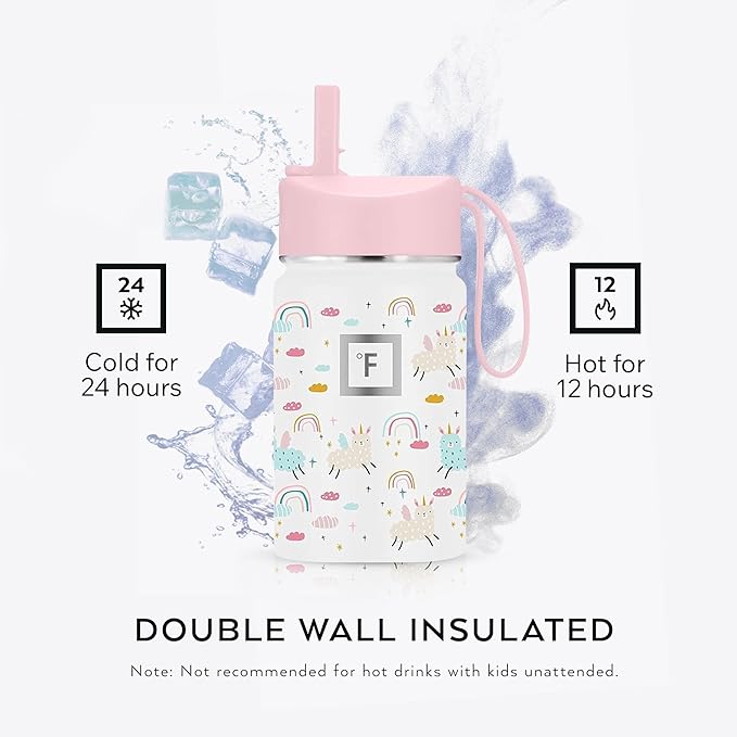IRON °FLASK Kids Water Bottle - Straw Lid, 20 Name Stickers, Vacuum Insulated Stainless Steel, Double Walled Tumbler Travel Cup, Mug - Rainbow Hearts, 10 Oz