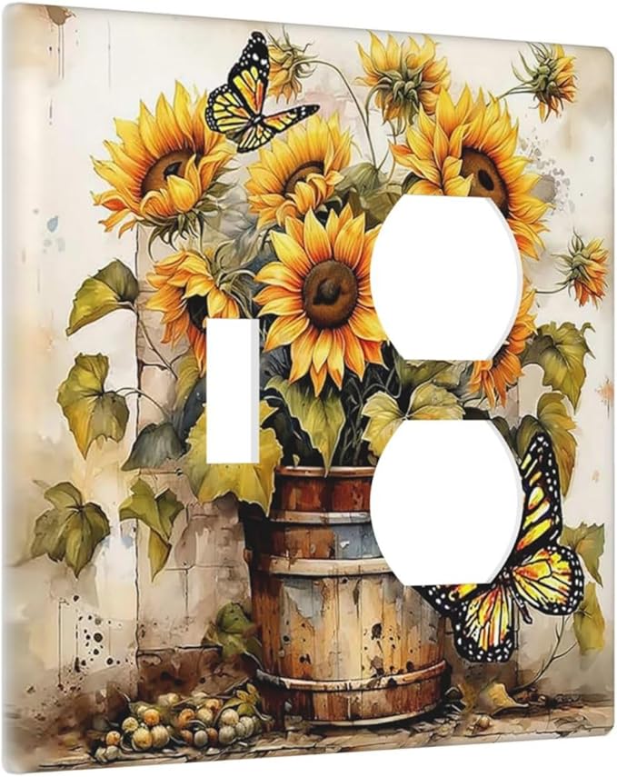 Wallplates Rustic Vintage Sunflower Bouquet Butterfly 1 Toggle 1 Duplex Switch Plate Electrical GFCI Faceplate Decorative Light Switch Covers for Farmhouse Cabin Decor